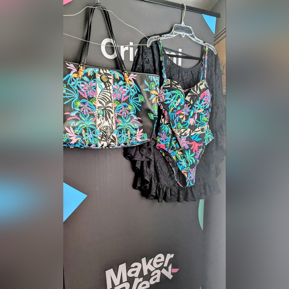 Lilly Pulitzer 3 PC Palma, Meena Tote in Onyx Paradise Glow Black Atley Coverup